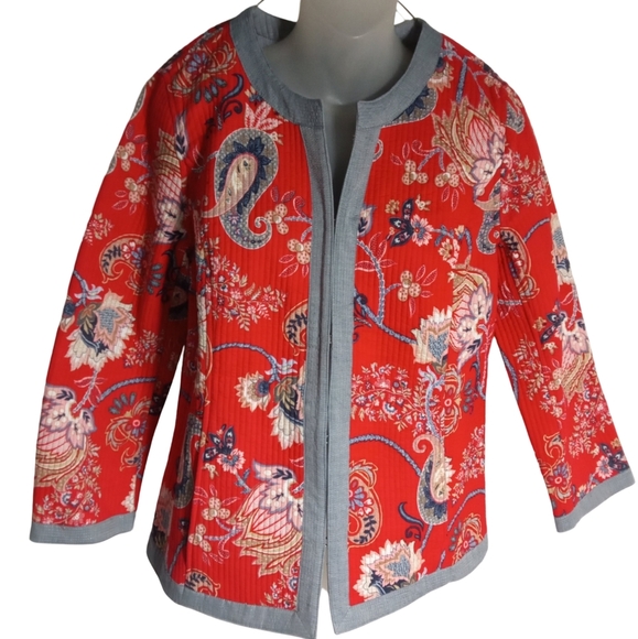 Talbots Red Paisley Floral Hook Closure Front Cardigan Jacket Women’s Medium - Picture 2 of 9